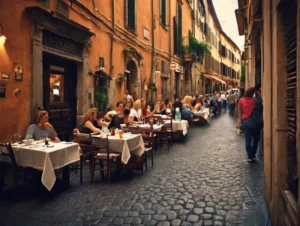 Vista da rua de San Lorenzo em Roma com murais coloridos, moradores caminhando e prédios históricos ao fundo